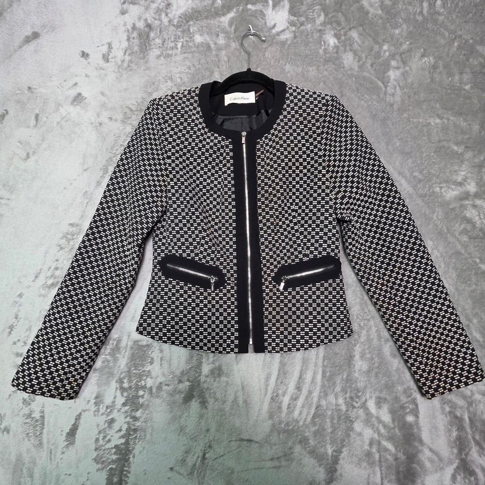 Calvin Klein Womens 4P Black White Textured Zip Blazer Jacket Shoulder Pads